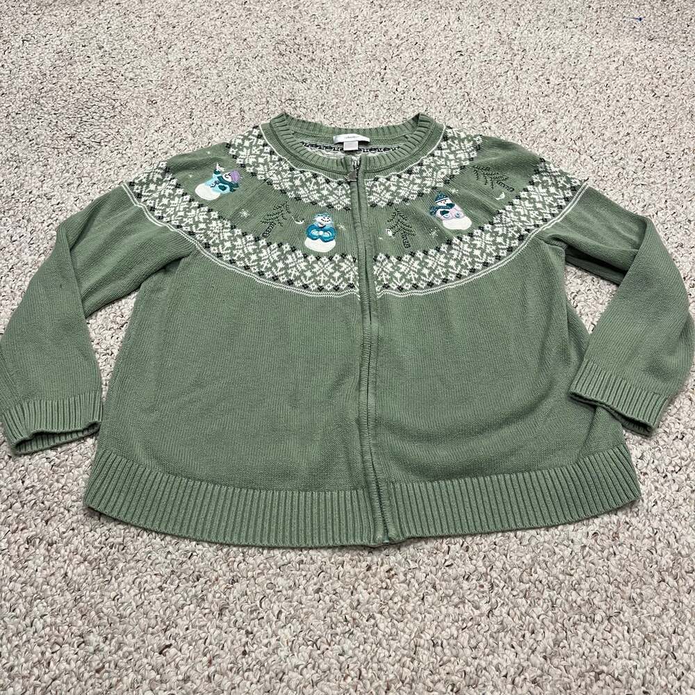 Christopher & Banks Embroidered Snowman Cardigan Sweater Fair Isle Winter